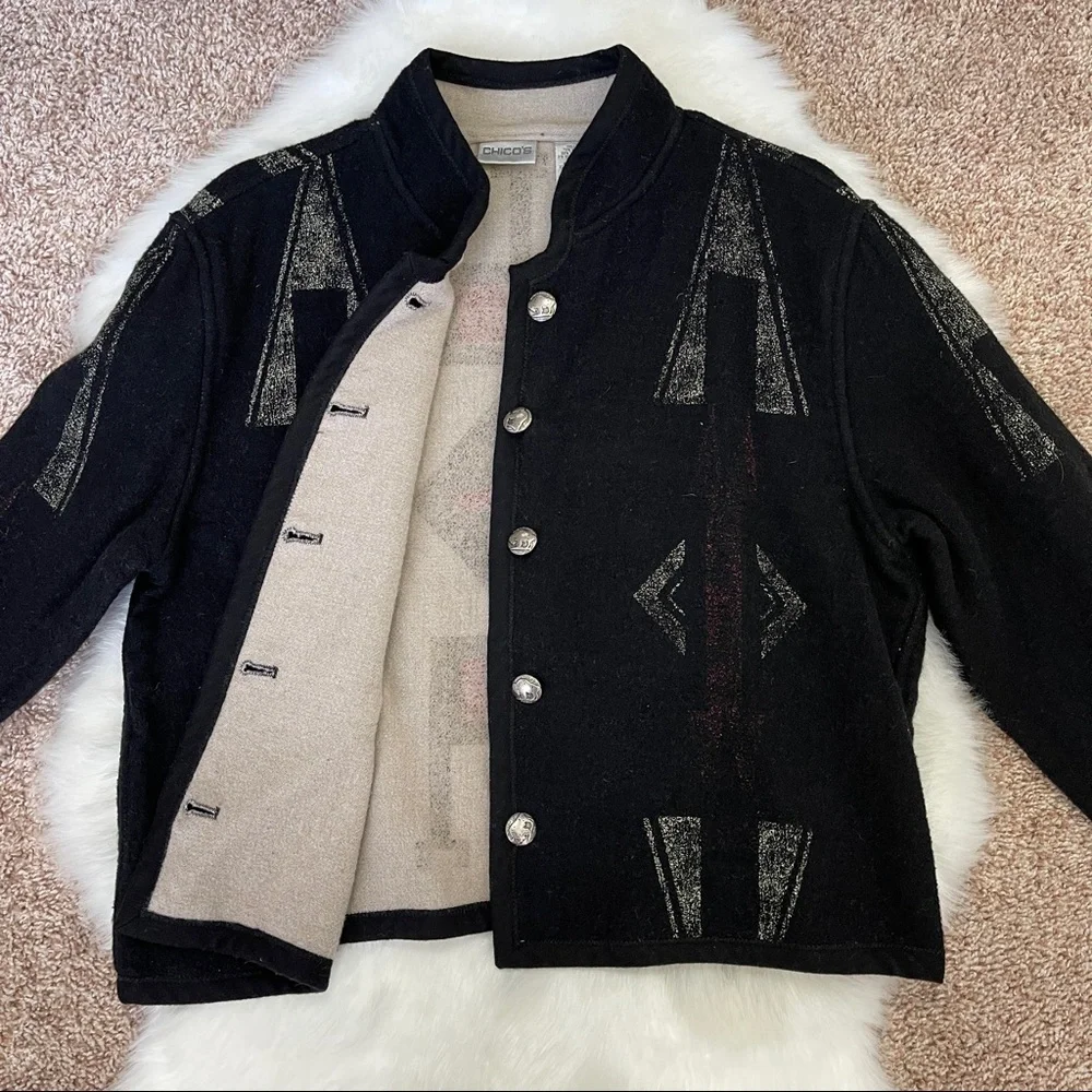 🚫SOLD🚫 Chico’s Southwestern Black Red Aztec Print Buffalo Nickel Buttons Wool - Picture 14 of 16